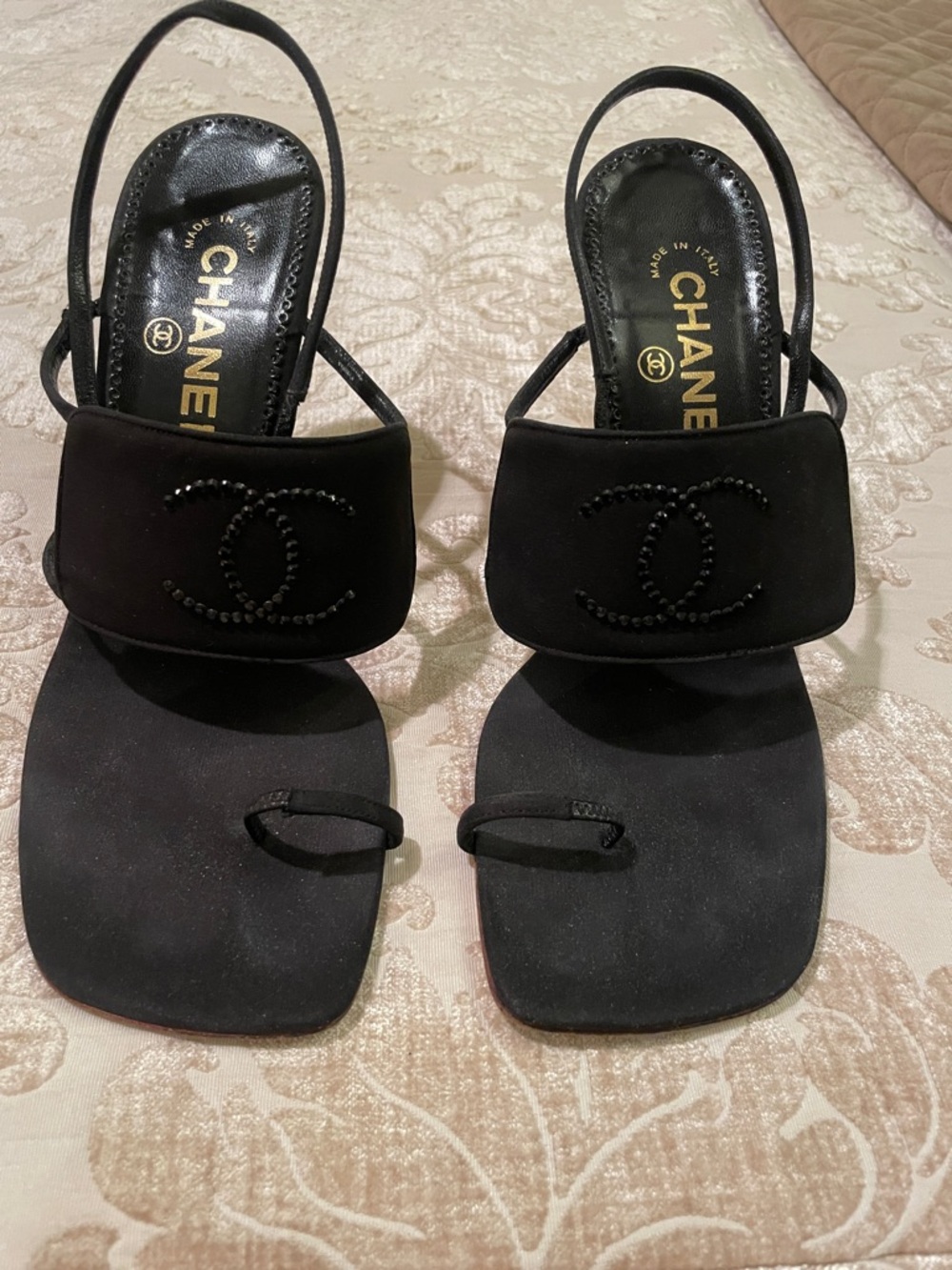 CHANEL Black Beaded CC Toe-Loop Slingback Sandals Worn 3x